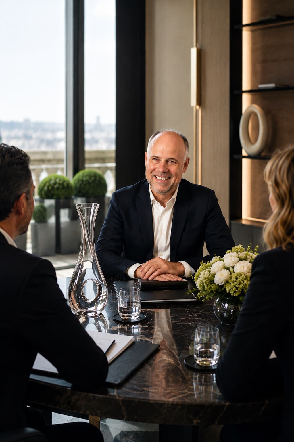 Laurent Delporte en réunion de conseil dans un hôtel de luxe