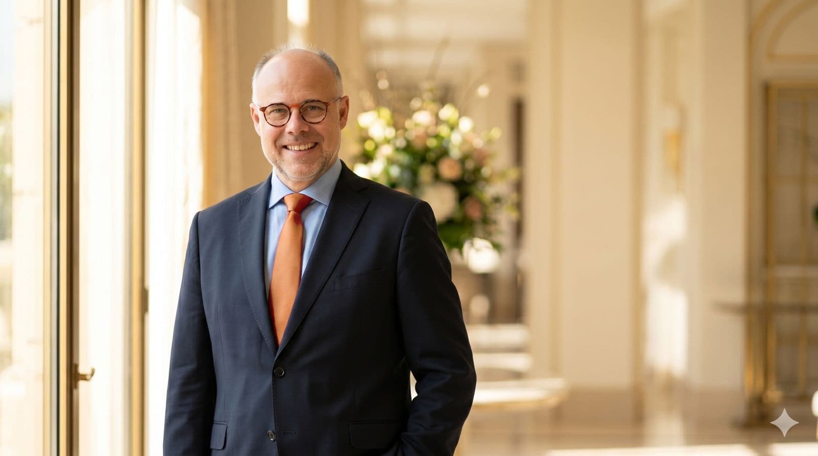 Portrait de Laurent Delporte dans le lobby d'un hôtel de luxe