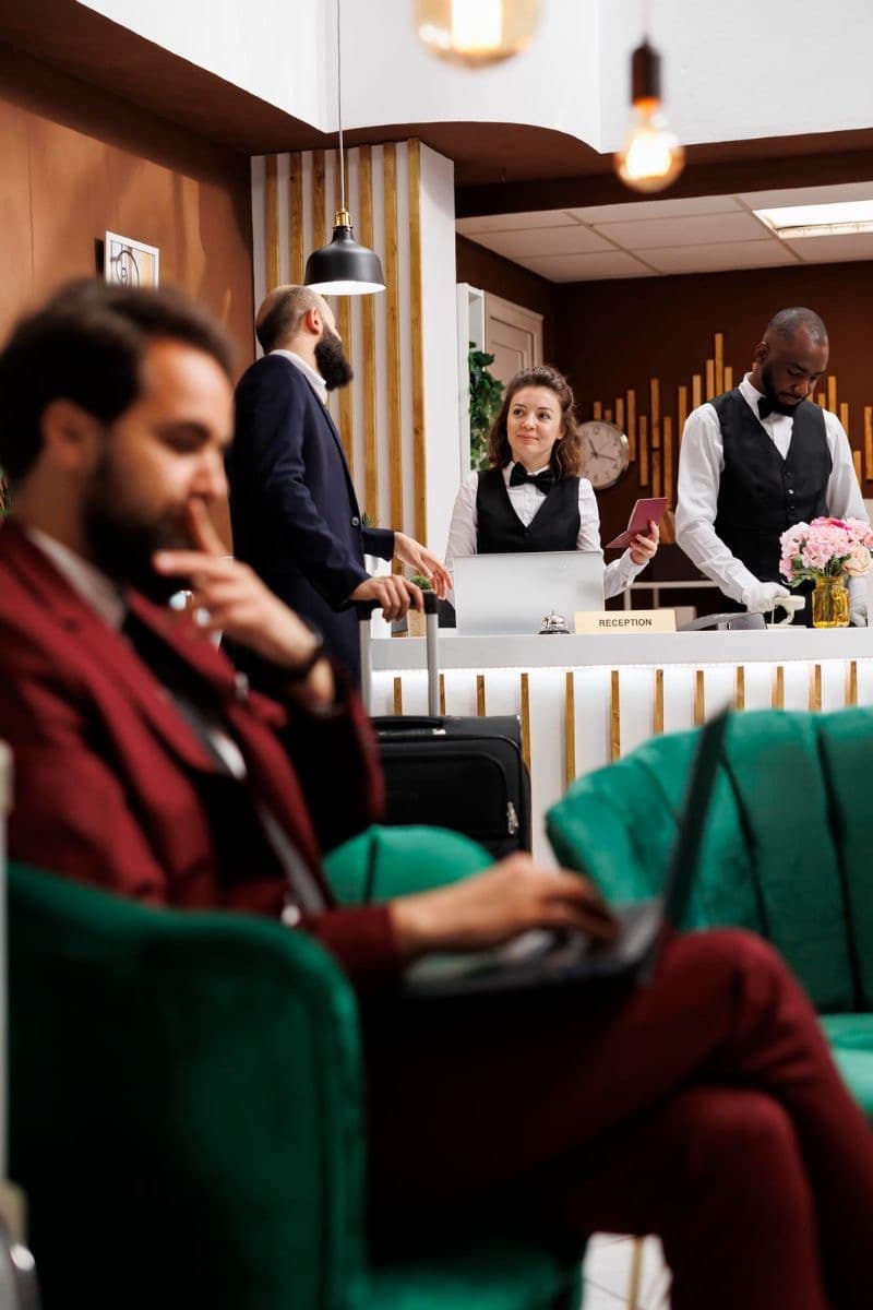 Hotel reception at work: front-desk staff greeting an arriving guest while another guest works from a sofa