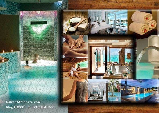 Planche d'inspiration spa : mosaïque de photos de massages, saunas, bassins et serviettes roulées