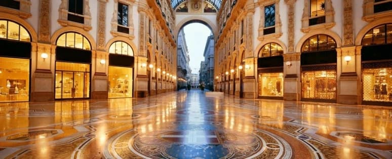 Galerie marchande de luxe sous verrière, boutiques illuminées et sol de mosaïque
