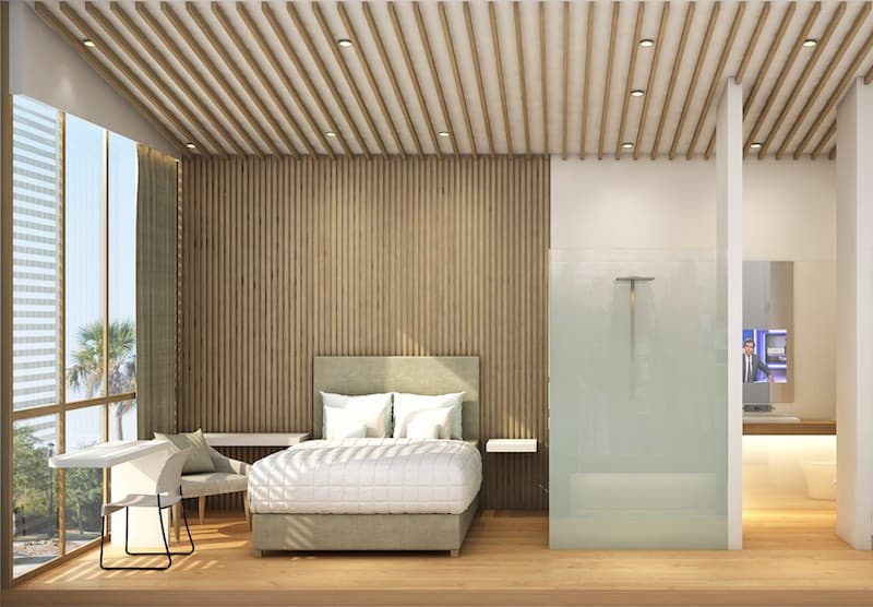 Projet de chambre d'hôtel en image de synthèse : lattes de bois, douche vitrée et lit face à la baie