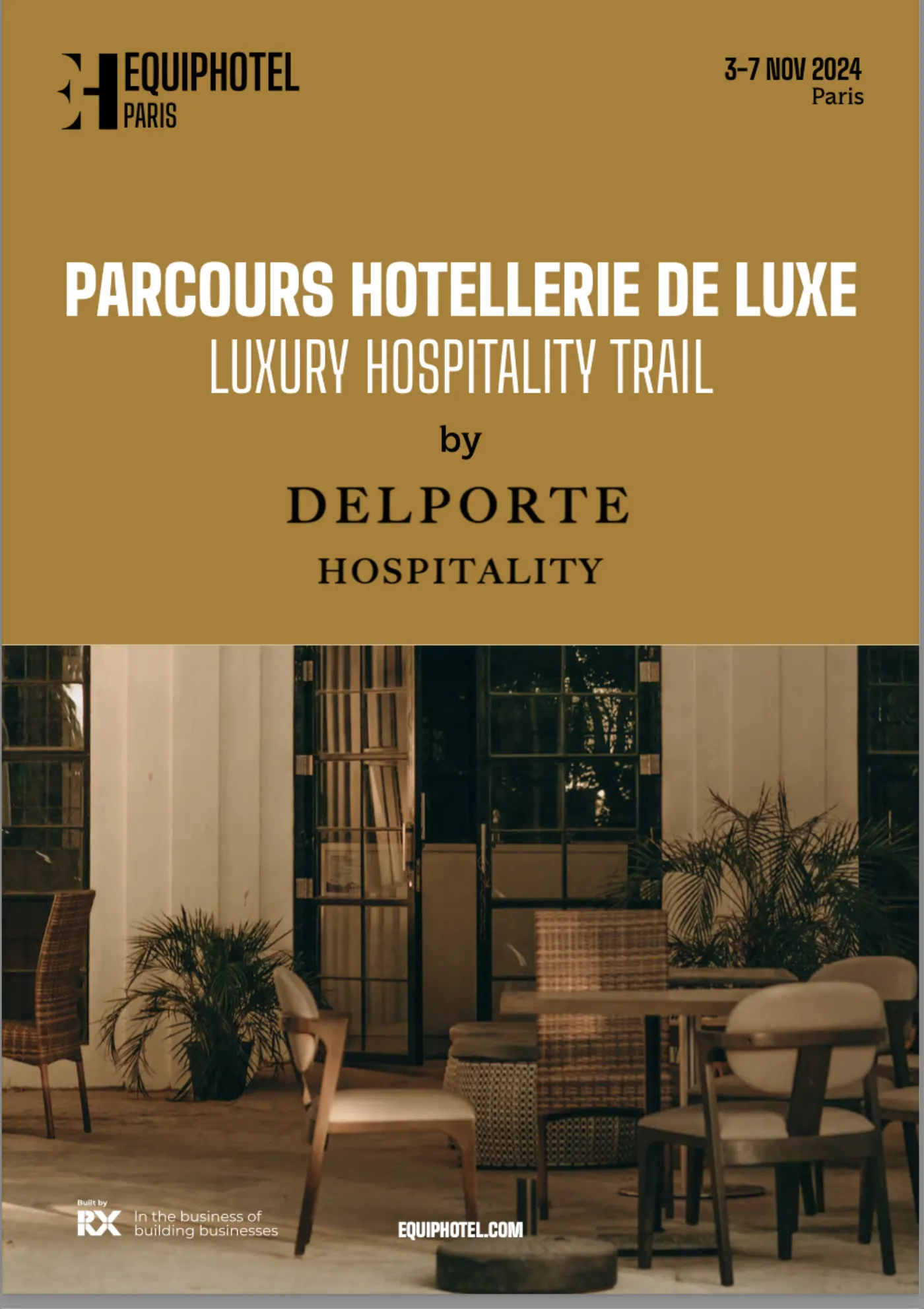 Affiche EQUIPHOTEL Paris 2024 annonçant le Parcours Hôtellerie de Luxe by Delporte Hospitality