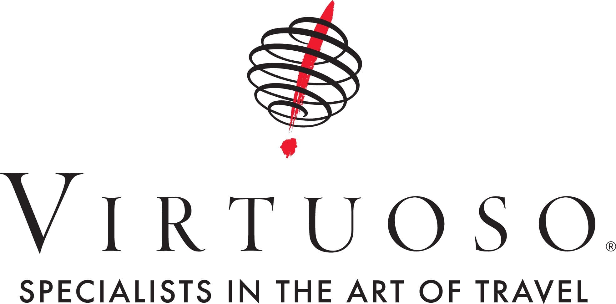Logo Virtuoso : le globe filaire traversé d'un trait rouge, au-dessus de Specialists in the Art of Travel