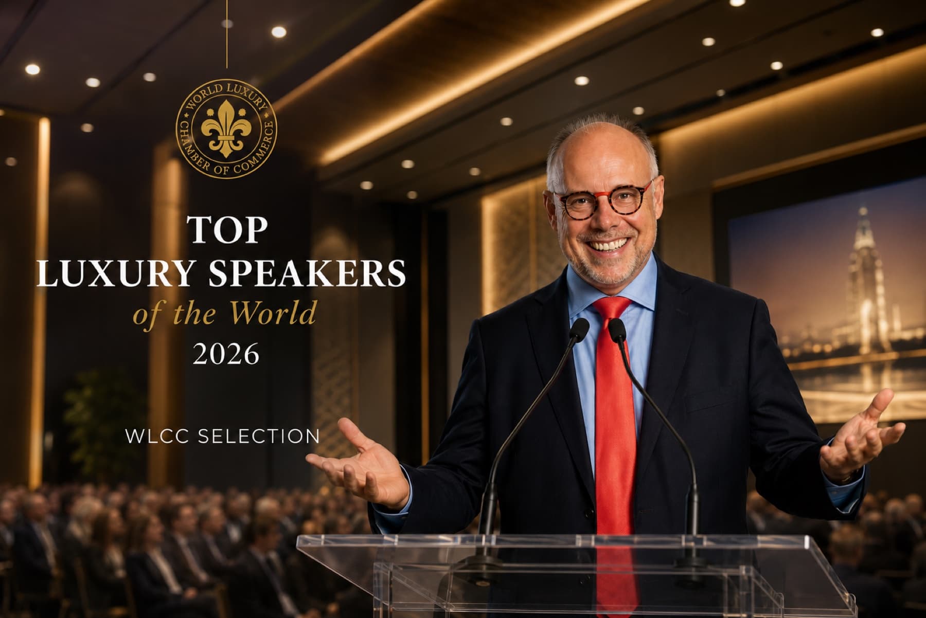 Laurent Delporte, conférencier élu Top Luxury Speaker of the World 2026 par la World Luxury Chamber of Commerce, au pupitre devant son public
