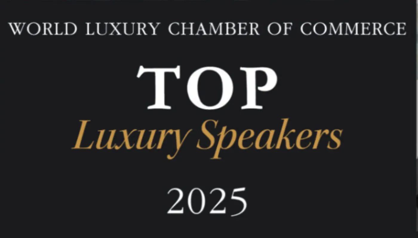 Badge noir et or World Luxury Chamber of Commerce, mention Top Luxury Speakers 2025