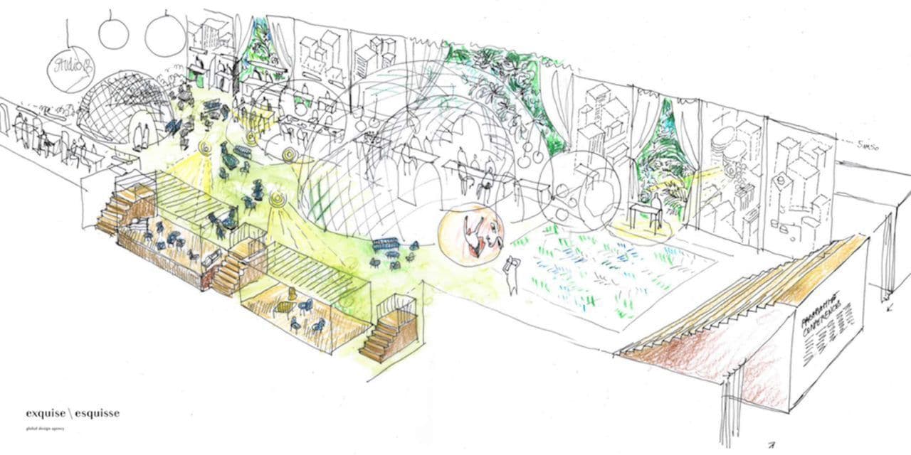 Croquis d'architecte d'un lobby d'hôtel transformé en lieu de vie, gradins et espaces de travail