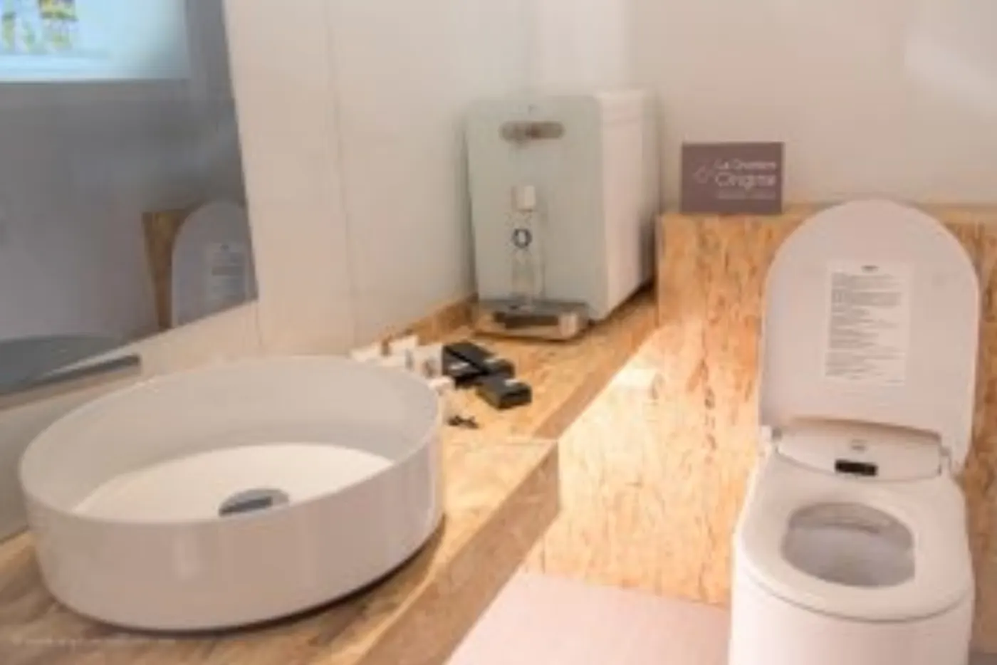 Salle de bains de la Chambre Origine : vasque ronde sur plan en OSB et toilettes japonaises ouvertes