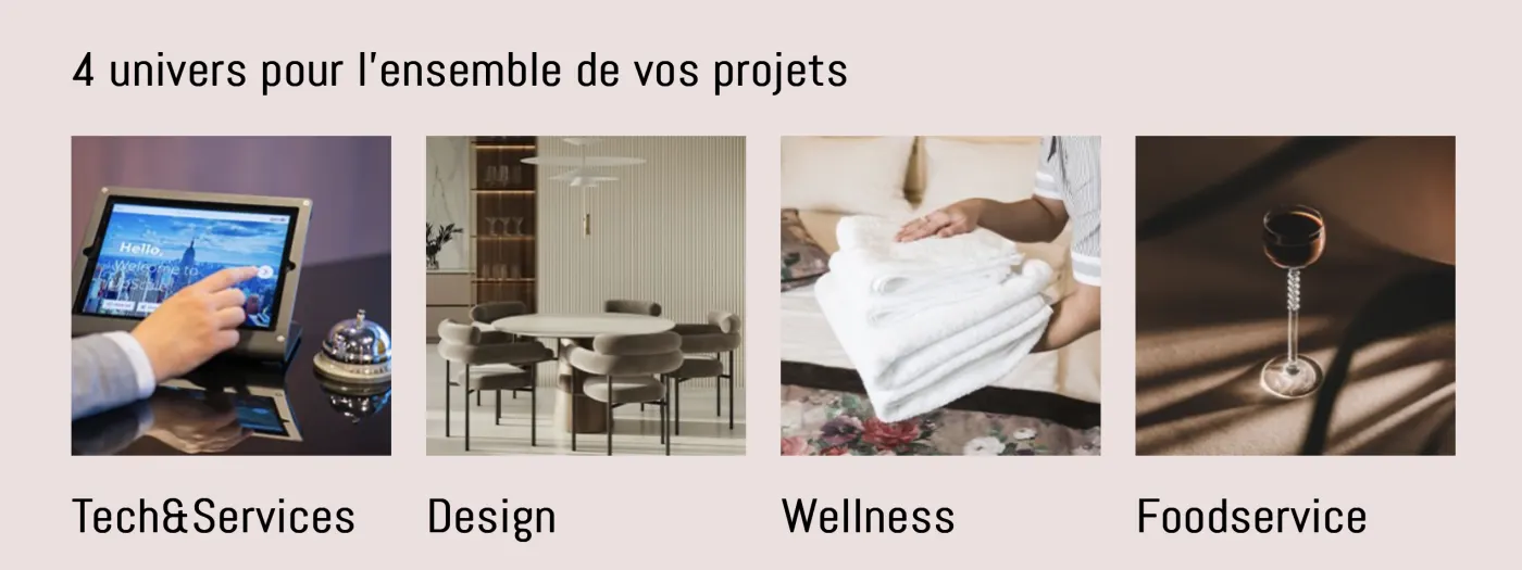 Visuel « 4 univers pour l'ensemble de vos projets » avec quatre vignettes : Tech&Services, Design, Wellness, Foodservice