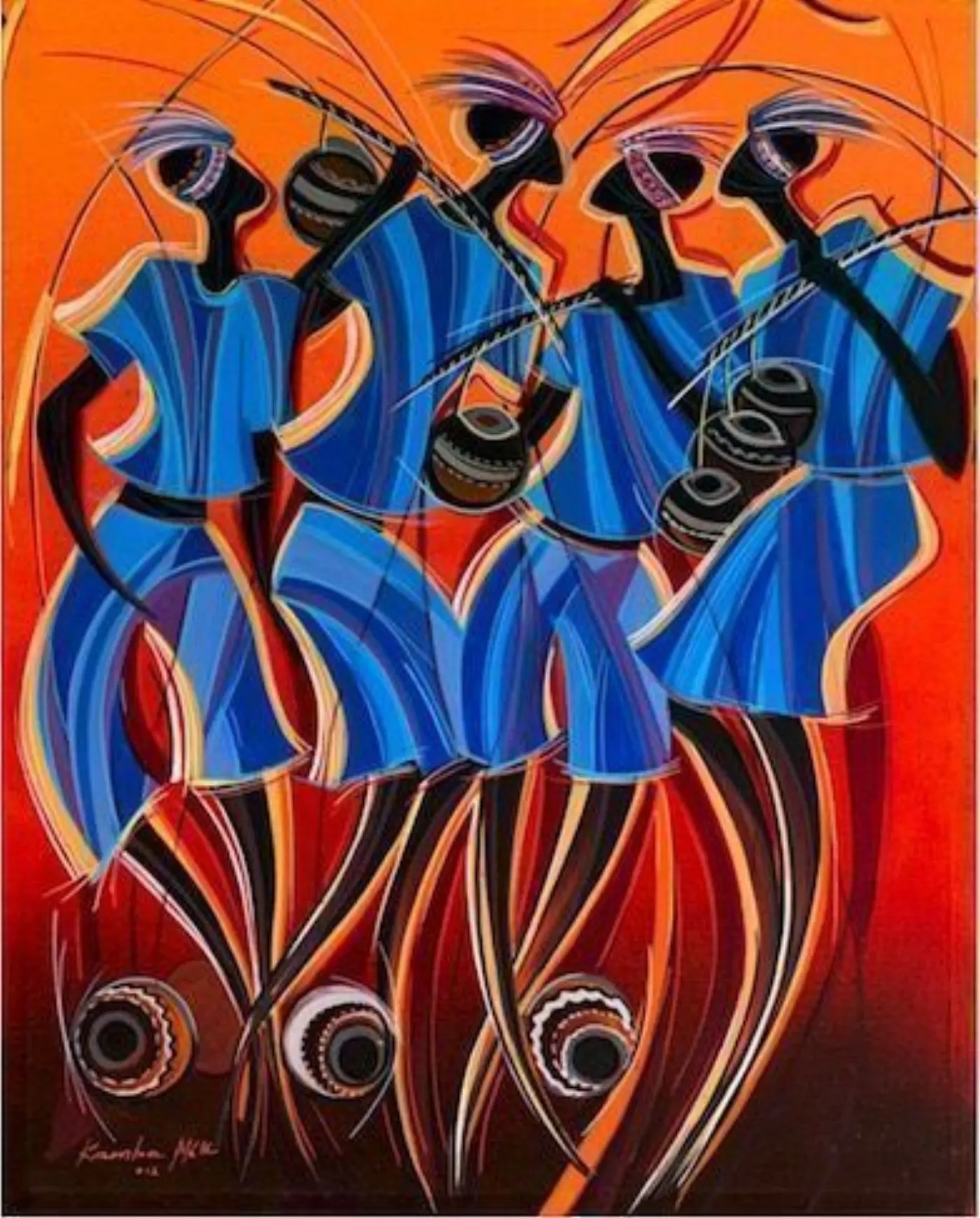 Peinture colorée de silhouettes africaines en boubous bleus portant des tambours sur fond orange