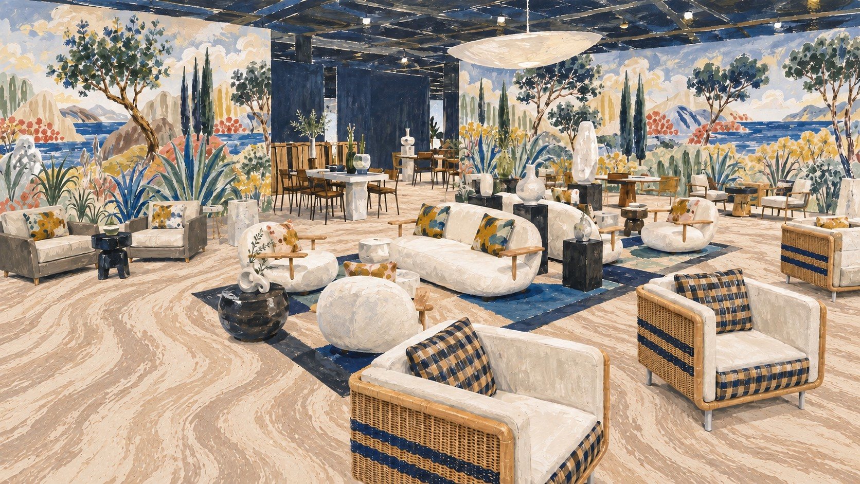 Espace de salon avec une grande fresque de paysage méditerranéen, fauteuils en rotin et canapés blancs sur un tapis ondulé
