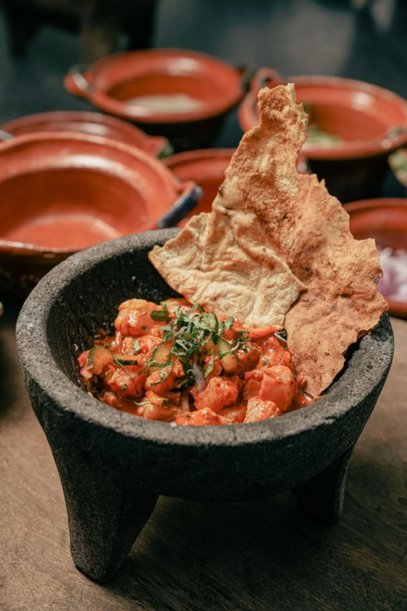 Plat en sauce rouge dans un molcajete de pierre, grande tostada croustillante plantée dedans et cazuelas en terre cuite