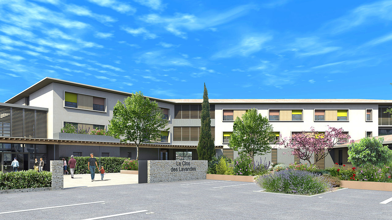 Architect's view of the Clos des Lavandes residence: pale buildings, gardens and cypress trees