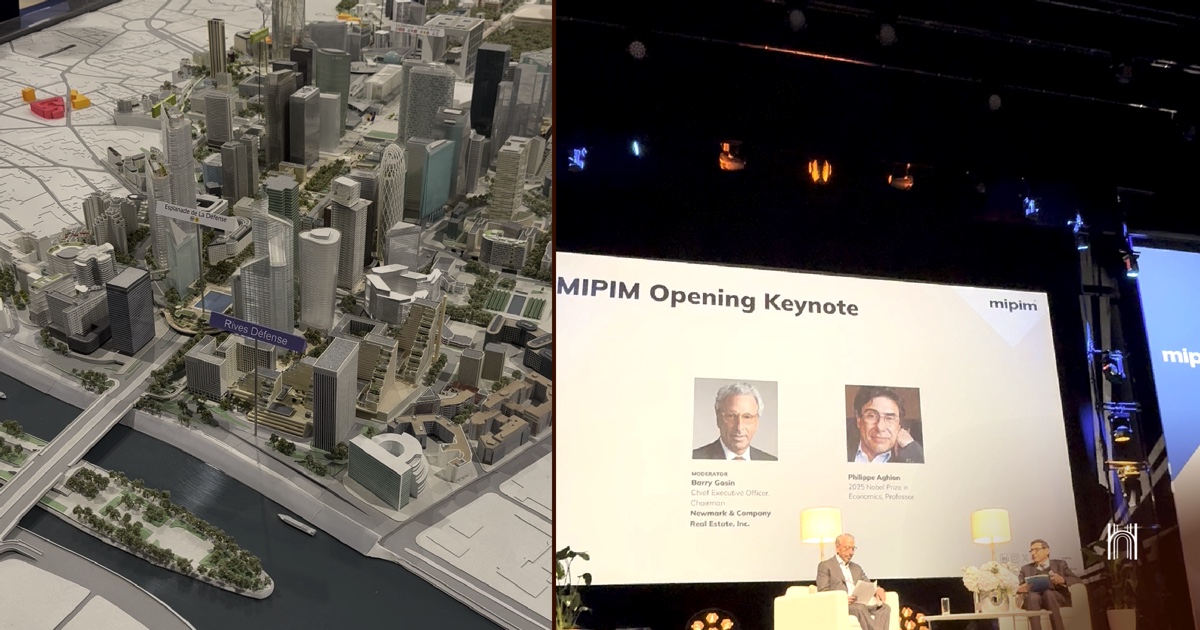 Urban scale model of the La Défense district and the MIPIM Opening Keynote stage with its two speakers, Cannes, March 2026