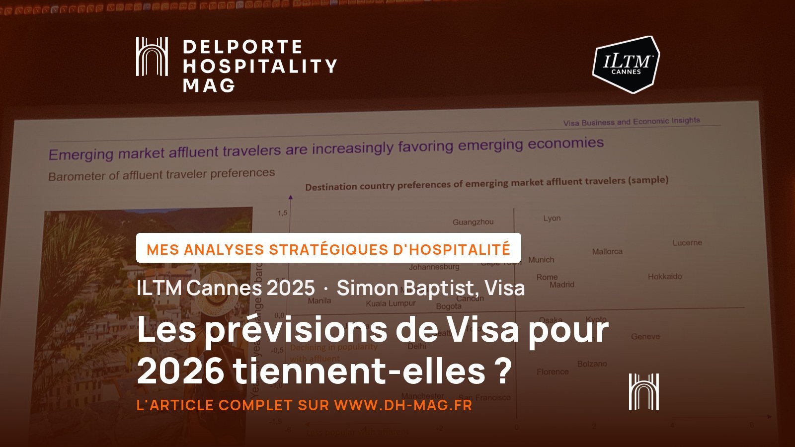 ILTM Cannes 2025 : les prévisions de Visa pour 2026 tiennent-elles ? Diapositive Visa projetée à l'ILTM Cannes, baromètre des destinations préférées des voyageurs aisés, Lyon en tête